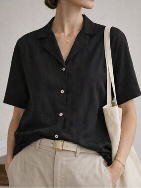 Uniqlo Linen Blend Open Collar Shirt Black XL Relaxed Fit Minimalist